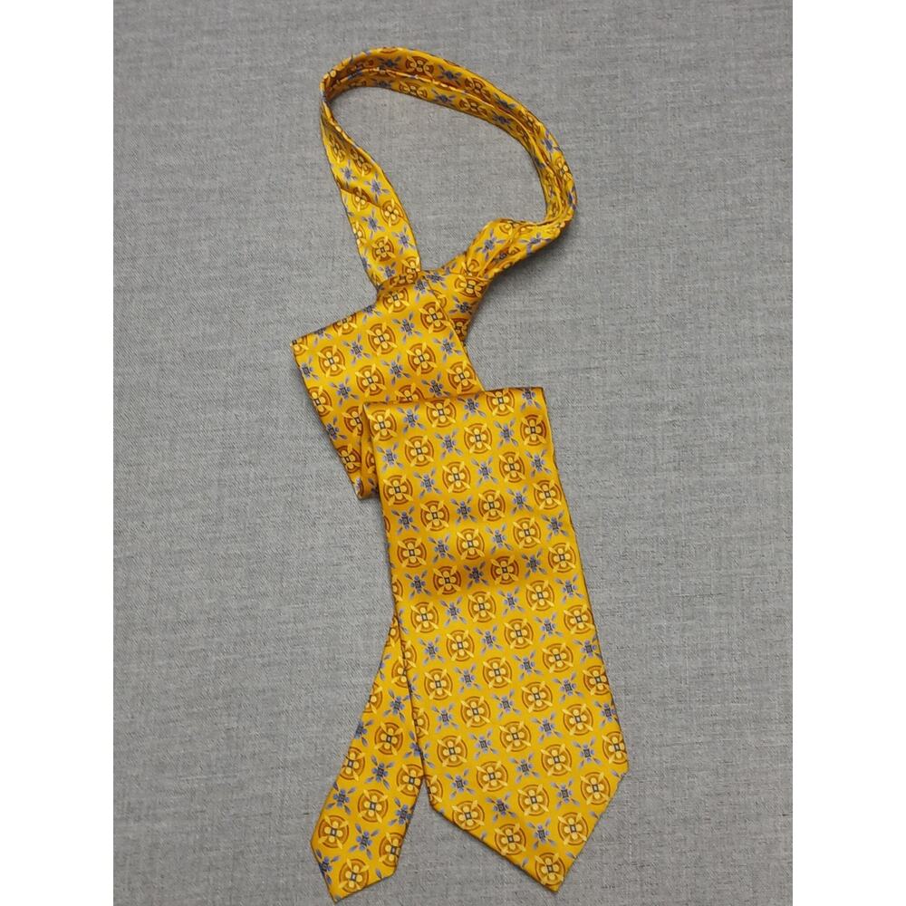 Clericci Mens Silk Tie Yellow Blue Geometric Medallion Italian Classic Neck Tie
